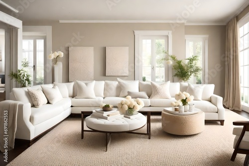 A cozy sitting area with white loveseats, cream-colored throw pillows, and a soft rug for a comfortable and inviting space. © LOVE ALLAH LOVE