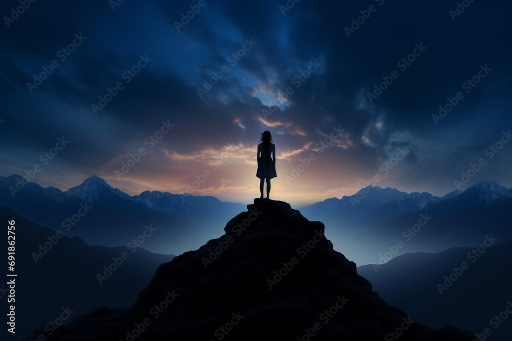 A woman standing on the peak of a mountain during sunset