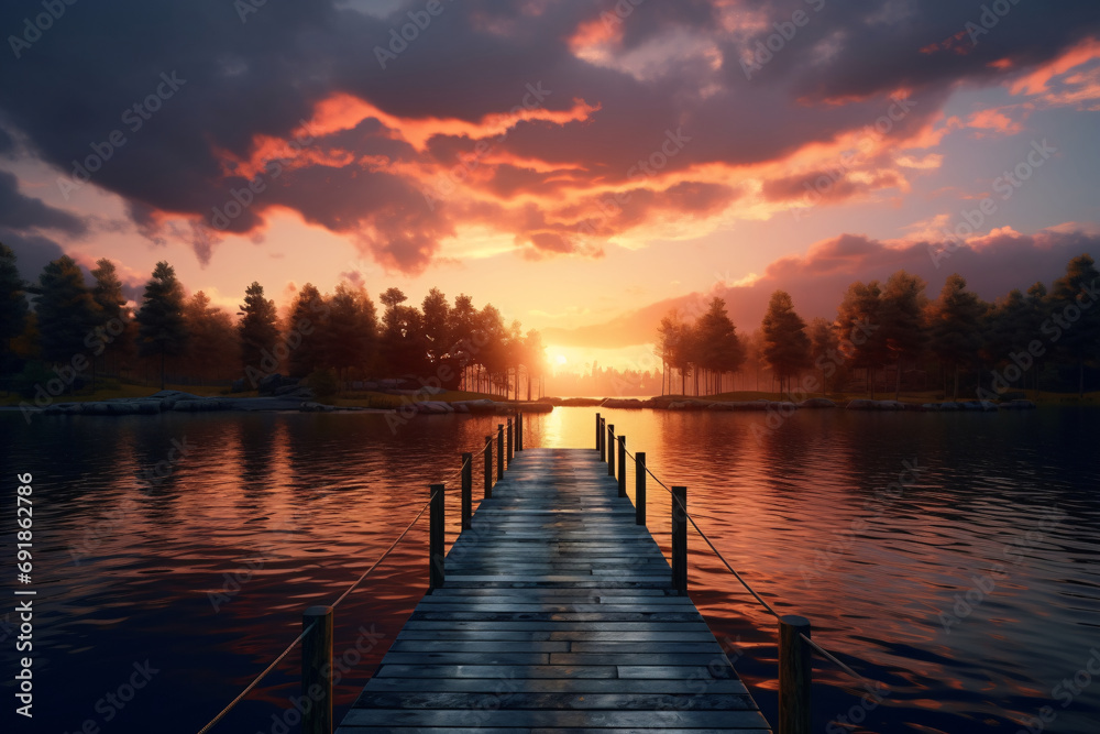 Serene pier at a beautiful lake during sunset