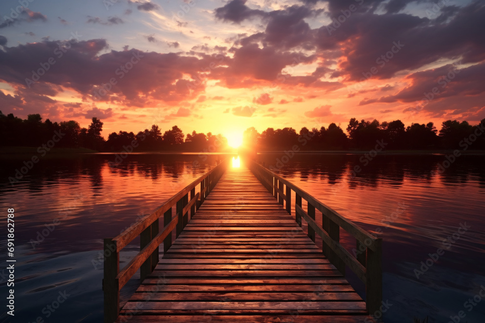 Serene pier at a beautiful lake during sunset