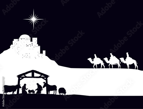 A Christmas nativity scene with baby Jesus in the manger, wise men and city of Bethlehem in the background