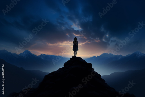 A woman standing on the peak of a mountain during sunset