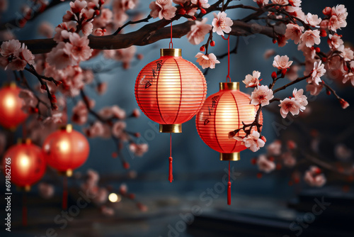 Chinese lanterns and cherry blossom branch on blurred background, closeup