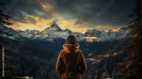 Woman in winter clothing looking at the snowy mountain range at sunset.