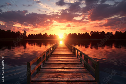 Serene pier at a beautiful lake during sunset