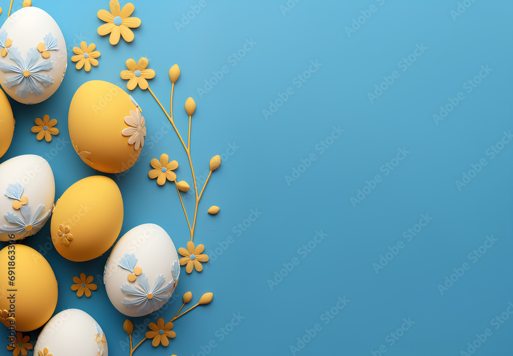 Colorful easter background with painted and decorated easter eggs and copy space