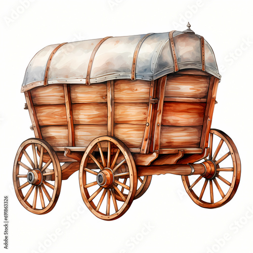 Illustration Of A Country Wooden Cart, a wooden wagon with a white cover. photo