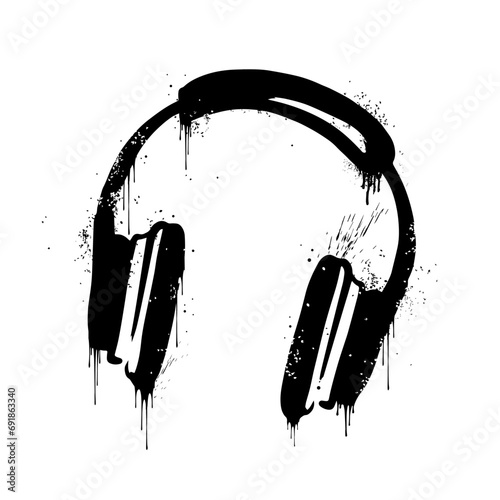 Headphones graffiti. Vector illustration in the urban street style. Black modern retro symbol silhouette isolated on white background. For music party, festival, game