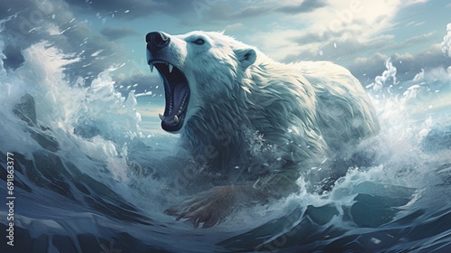Create an emotionally resonant generative art piece featuring a wild polar bear walking on a diminishing ice floe in the sea on a cold winter day.  photo