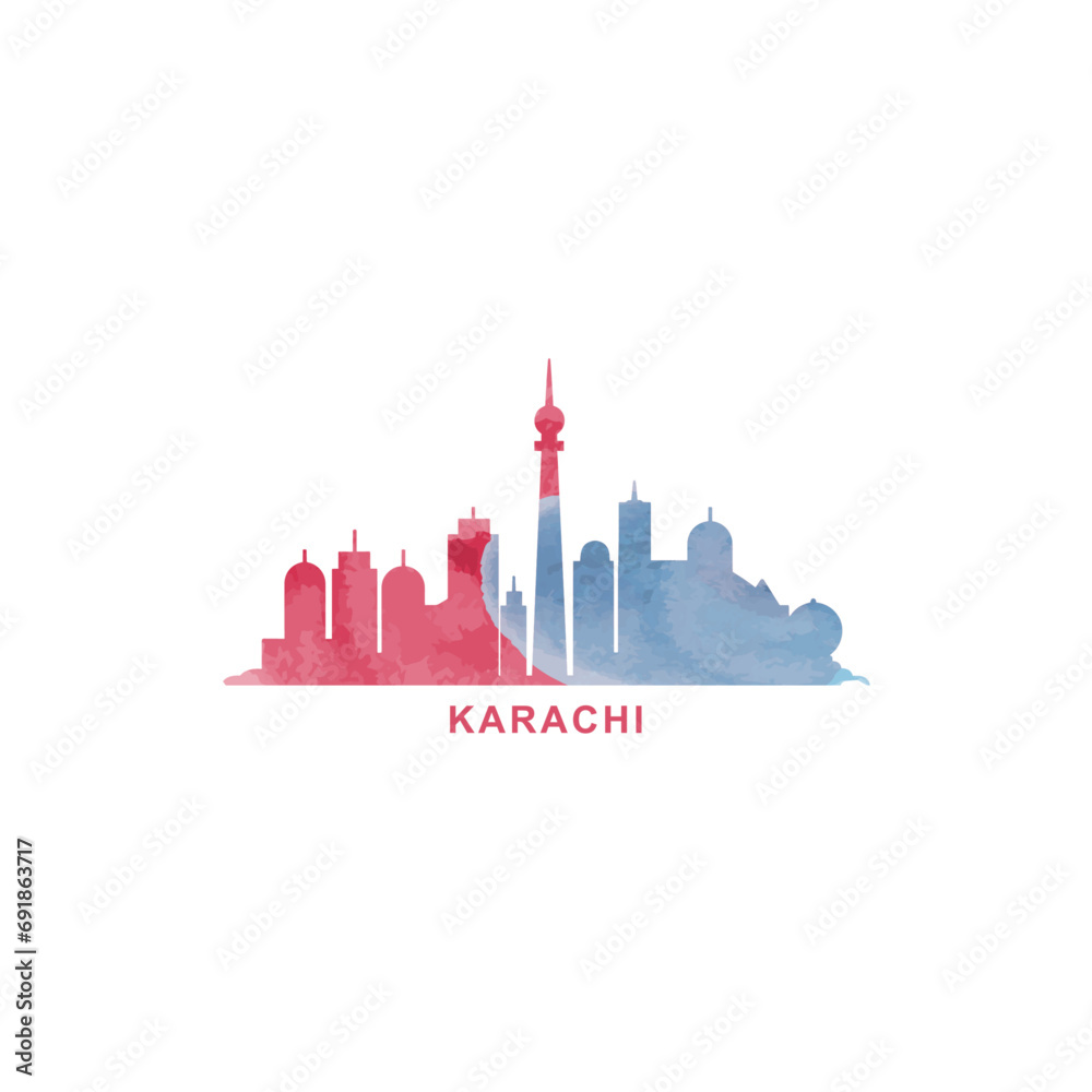 Karachi watercolor cityscape skyline city panorama vector flat modern logo, icon. Pakistan megapolis emblem concept with landmarks and building silhouettes. Isolated graphic