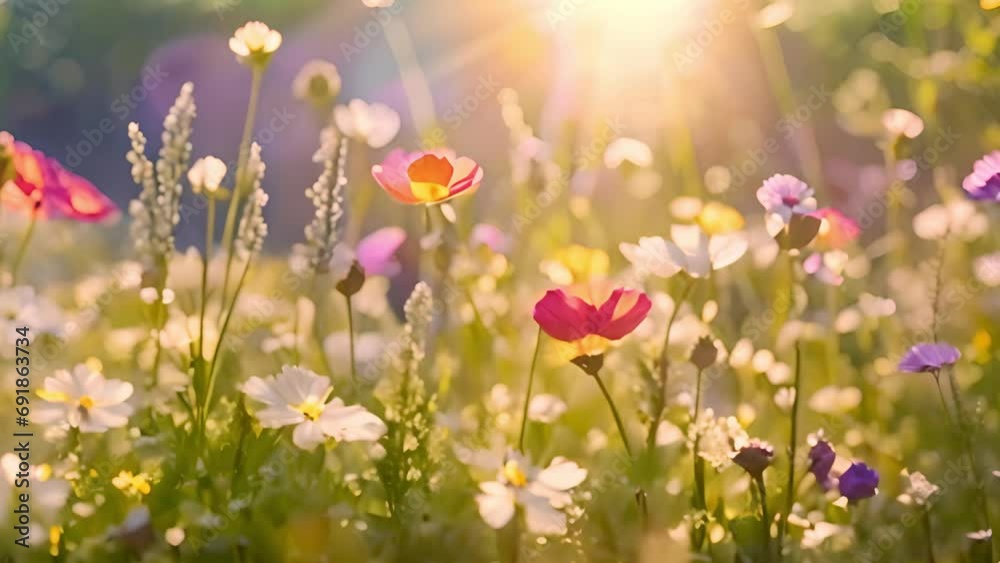 Beautiful wildflowers spring colors. Nature backdrop. Beautiful Meadow with wild flowers over sunset sky. Beauty nature field background with sun flare. Easter nature backdrop. Bokeh, Silhouettes of w