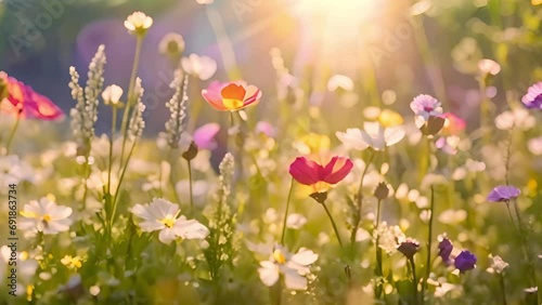 Beautiful wildflowers spring colors. Nature backdrop. Beautiful Meadow with wild flowers over sunset sky. Beauty nature field background with sun flare. Easter nature backdrop. Bokeh, Silhouettes of w photo