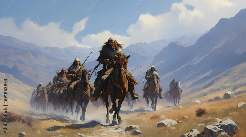 Painting Of Early Bronze Age Eastern European, a group of men riding horses. - obrazy, fototapety, plakaty 