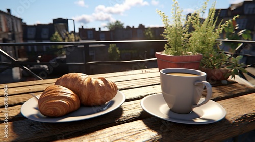 Delicious croissant and cup of coffee on an urban outdoor coffee table in a scenic setting