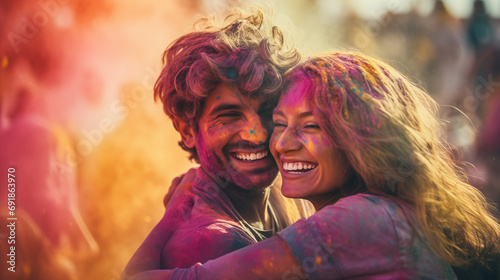 indian couple celebrating Holi, also called the festival of sharing and love or the festival of colors is a Hindu two day festival in the Spring. in. india