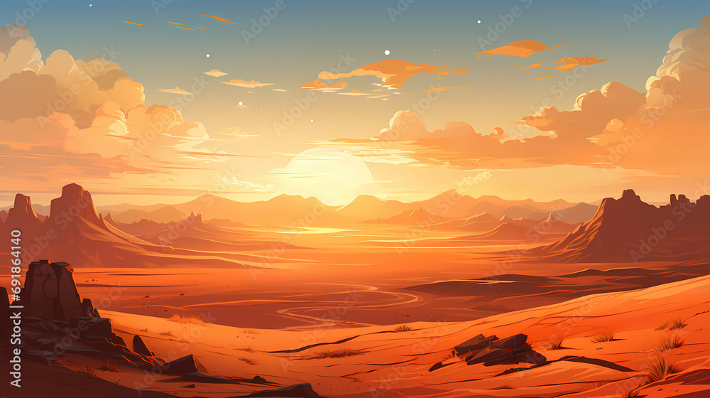 2D Flat Vector Of Sahara Desert, a landscape of a desert with mountains and clouds.