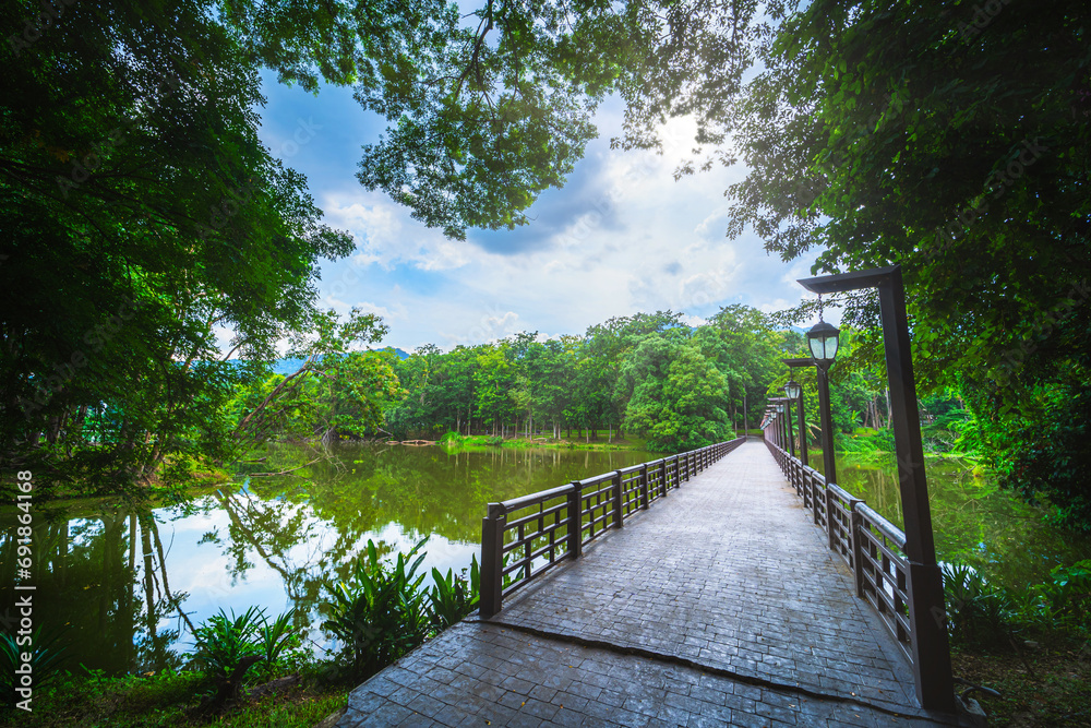 a public place leisure travel landscape the wooden bridge lake views at Ang Kaew Chiang Mai University and Doi Suthep nature forest Mountain views spring cloudy sky background with white cloud.