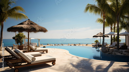 Luxurious Swimming Pool And Loungers, a pool with lounge chairs and umbrellas by the beach.