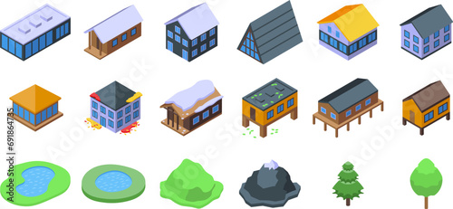 House near mountain lake icons set isometric vector. Cozy valley. Rural cottage