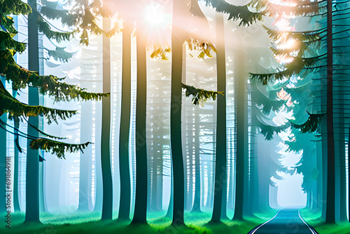 Forest with tall trees bathed in morning sunlight, wall paper, generative AI