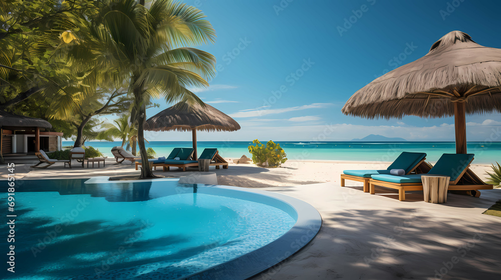 Luxurious Swimming Pool And Loungers, a pool on a beach with palm trees and chairs.