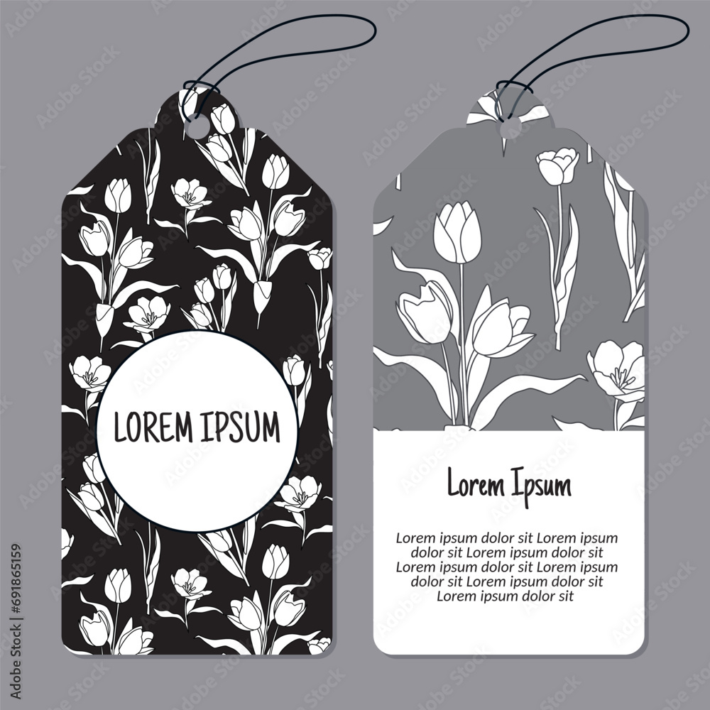 Vector tulip flowers vertical round frame pattern tags set. Vertical stripe frame patterns. Vector illustration.