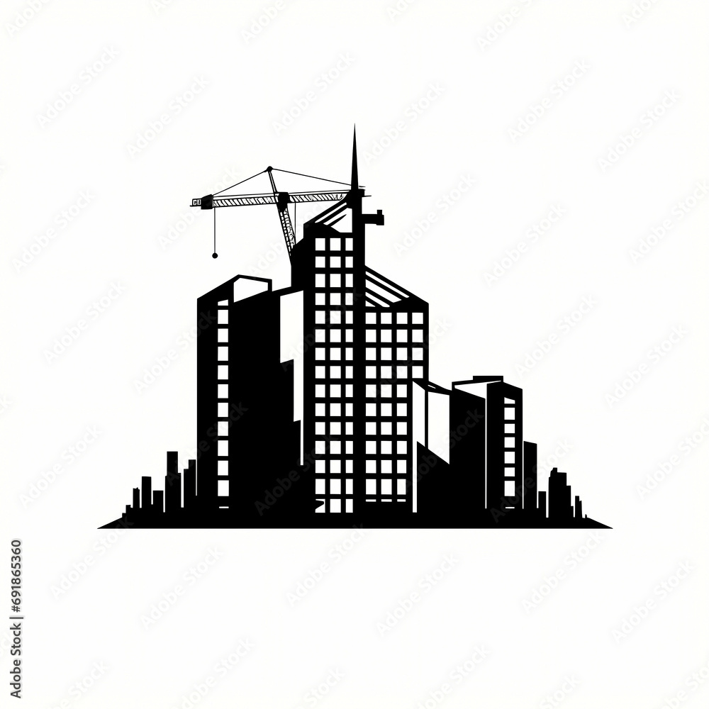 Building Cusntrucion Logo Silhouette, a black and white image of a building with a crane.