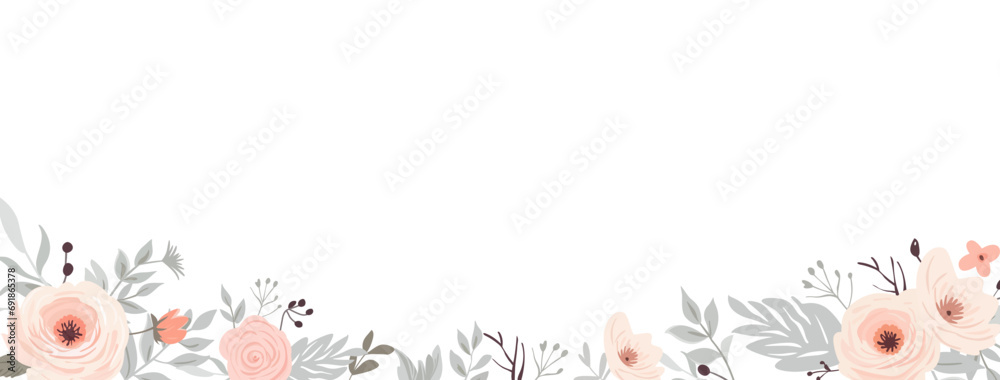 Horizontal banner with pastel pink, ivory and powder rose flowers and plants in pastel colors. Spring tender flowers border. Wedding frame poster, greeting card, header for website Horizontal banner with pastel pink, ivory and powder rose flowers and plants in pastel colors. Spring tender flowers border. Wedding frame poster, greeting card, header for website