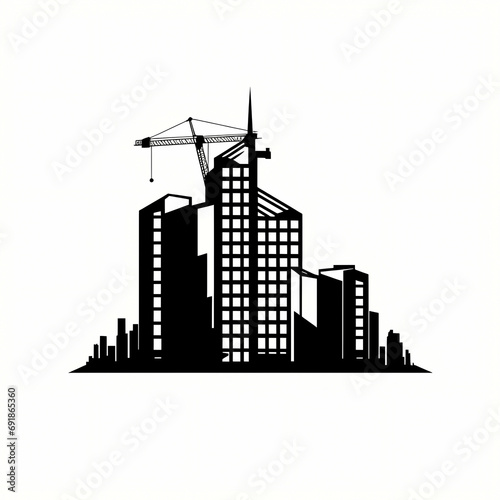 Building Cusntrucion Logo Silhouette  a black and white image of a building with a crane.