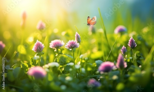Wild flowers of clover and butterfly in a meadow in nature in rays of sunlight in summer in spring close-up of a macro. A picturesque colorful artistic image, Generative AI