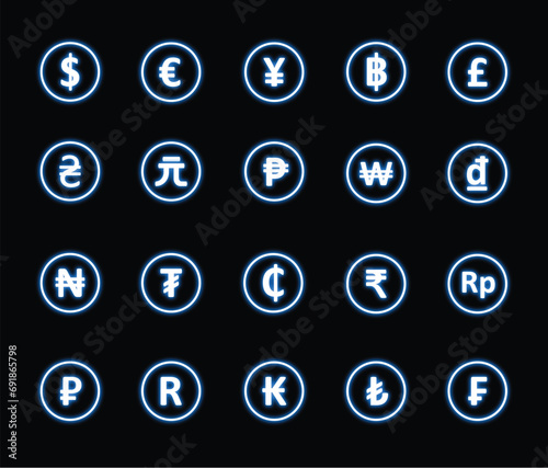 Blue neon glowing international currency money coin symbol icon flat editable vector