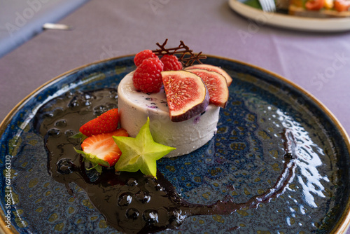 Blueberry Panna Cotta, Fruit Pannacotta, Creamy Italian Dessert, Panacotta with Figs, Raspberries, Strawberries photo