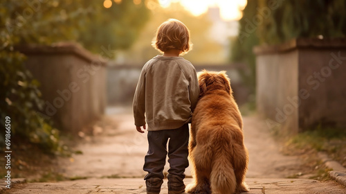 Only one child walking alone with the family dog outdoors  photo