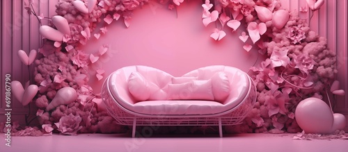 A romantic sofa for two  decorated with flowers  an illustration for Valentine s Day  a banner in pink flowers for lovers.