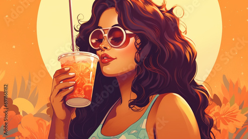 Beautiful latin or mixed woman drinking a milkshake in a vintage place 