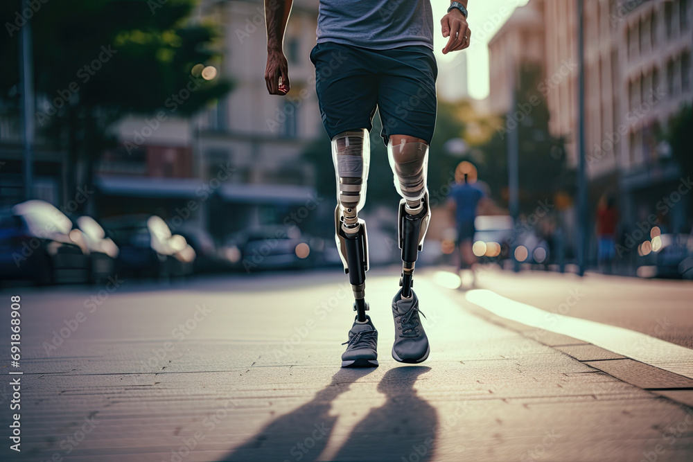 Fototapeta premium Athletic man with a prosthetic legs engages in sports, showcasing resilience, health, and vitality.