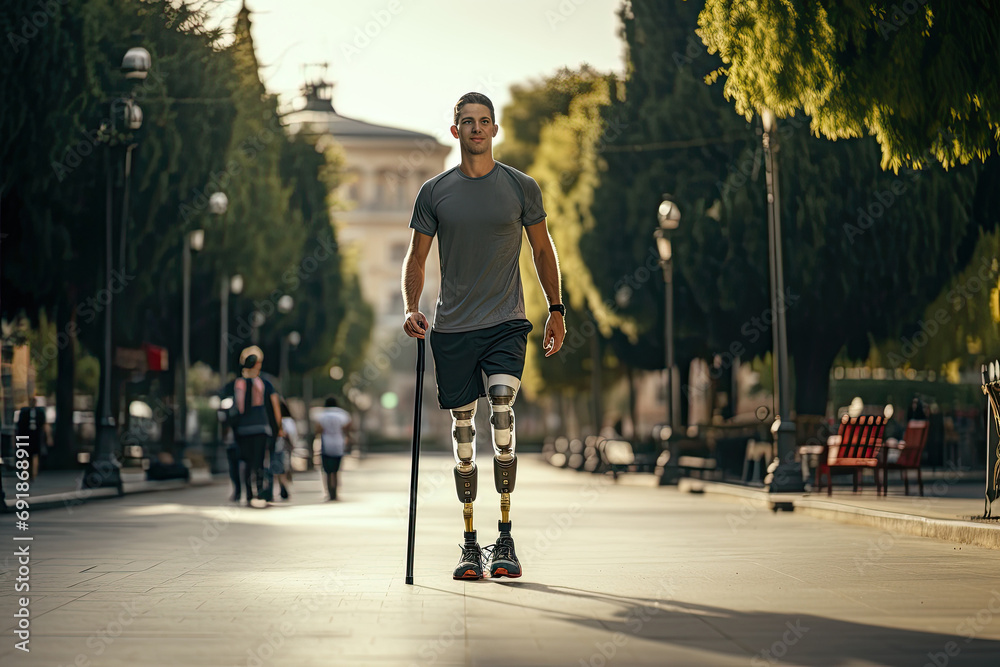 athlete with a legs disability, using crutches for support, showcasing resilience in outdoor activities.