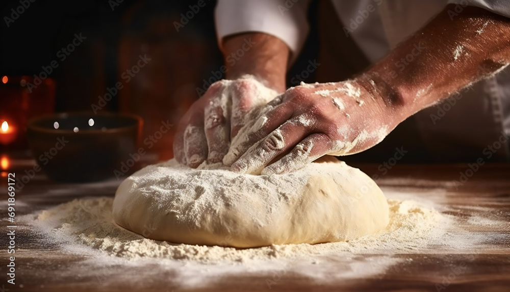 Fototapeta premium Recreation of chef hands kneading pizza base with flour