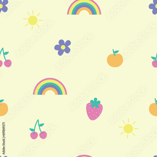 Hand drawn seamless pattern with cute rainbow, sun, flower, orange, strawberry, and cherry in pastel colors