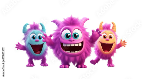 Monsters, 3D cute friendly monster beast standing and laughing together.