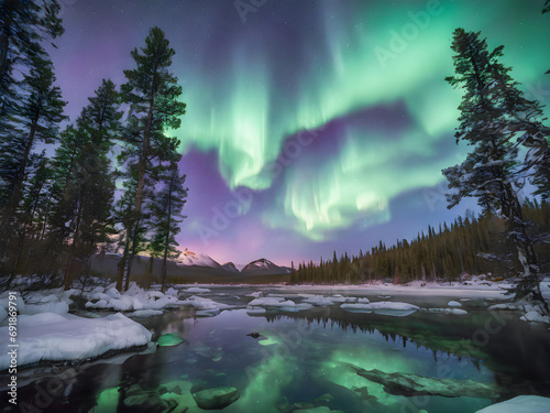 Aurora borealis, Northern Lights, Glacier and pine forest areas