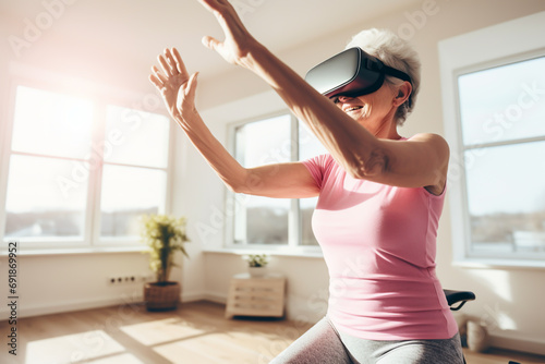 senior woman doing yoga exercise with AR photo
