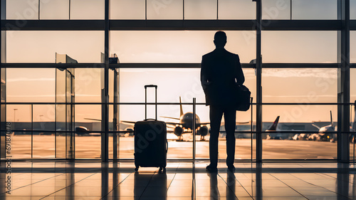 Silhouette of a businessman in an international airport at sunset.
