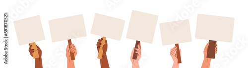 Hands holding blank placards, sign boards on sticks set. Arms with empty posters backgrounds on poles. Banners, signboards on handles for strike. Flat vector illustrations isolated on white background photo