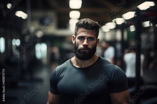 Fit man blurred gym background