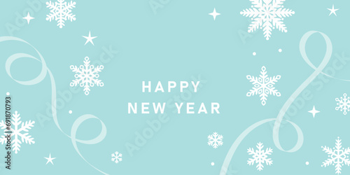 Happy new year greeting card poster with snowflakes, vector cover. Light blue holiday celebration background design