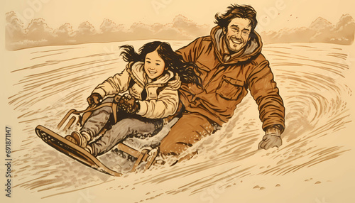 Father And Daughter Sledding In Snow, a man and girl riding on a sled.