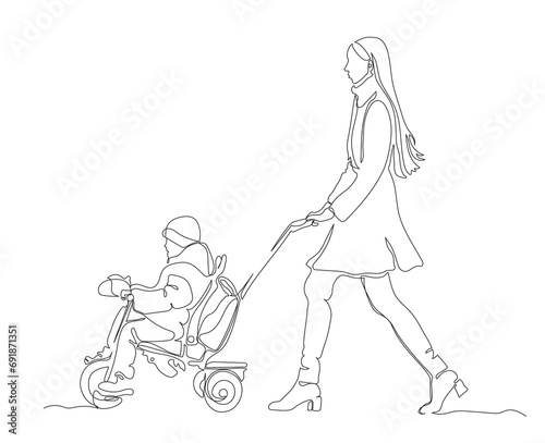 Woman with 3 wheel baby carriage  on cold day. Side view. Continuous line drawing. Black and white vector illustration in line art style. photo