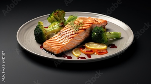 Grilled salmon meat fillet steak with vegetable, potato, tomato, broccoli and sauce in plate.