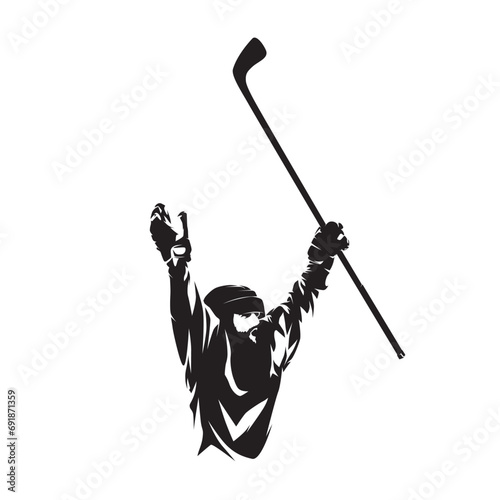 Hockey player, goal celebration, isolated vector silhouette, ink drawing. Ice hockey logo